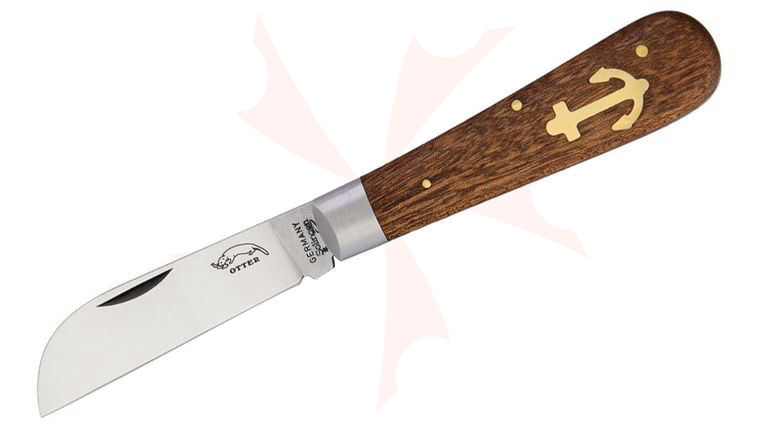 Otter Small Anchor Slipjoint Knife 2.5 inch Carbon Steel Satin Sheepsfoot Blade, Sapeli Wood Handles with Brass Anchor Inlay