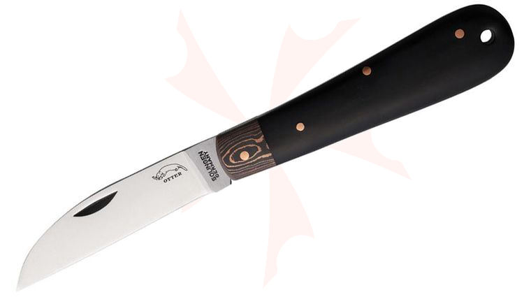 Otter Bergmann Folding Knife 2.95 inch C75 Satin Sheepsfoot Blade, Ebony Wood Handles with Copper Foil Carbon Fiber Bolster