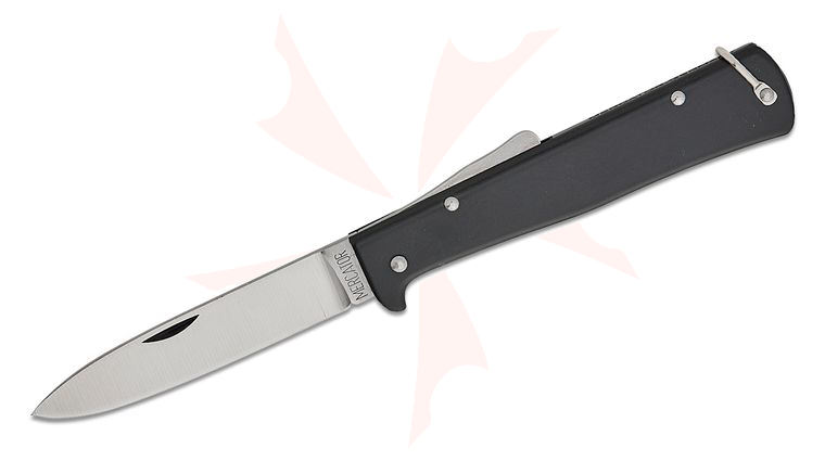 Otter Mercator Lockback Folding Knife 3.25 inch Carbon Steel Drop Point Blade, Black Stainless Steel Handles