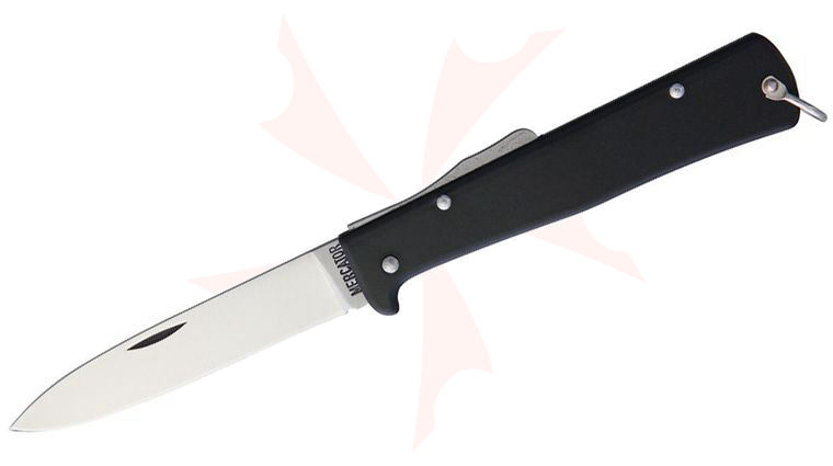 Otter Mercator Folding Knife 3.25 inch Carbon Steel Drop Point Blade, Black Stainless Steel Handles, Pocket Clip