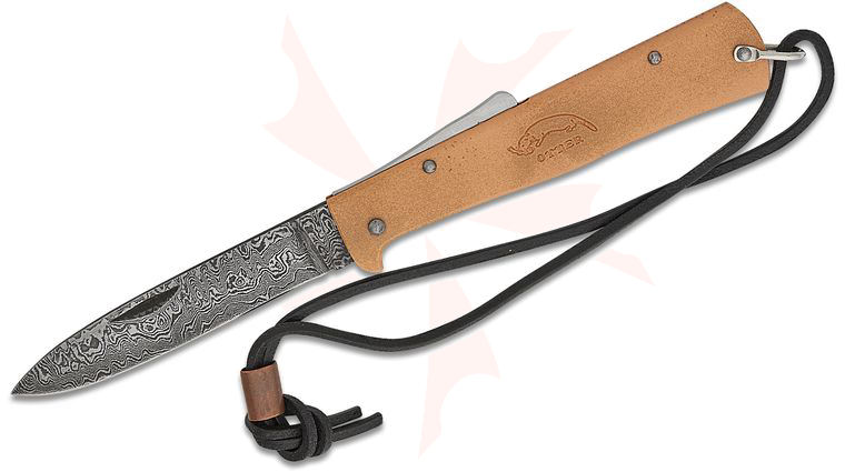Otter Mercator K55 Folding Knife 3.5 inch Damascus Drop Point Blade, Copper Handles, Leather Lanyard