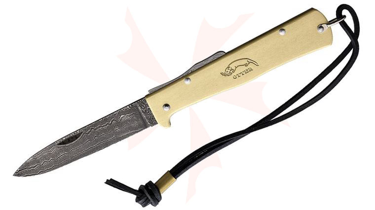 Otter Mercator Solingen K55 Brass Folding Knife 3.5 inch Damascus Steel Blade, Brass Handles, Leather Lanyard