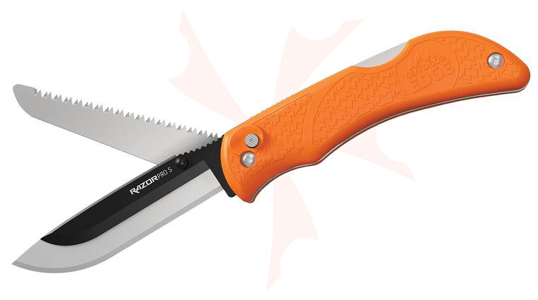Outdoor Edge RazorPro S Folding Hunter 3.5 inch Replaceable Blade with Bone Saw, Orange TPR Handles, Kryptek Nylon Sheath