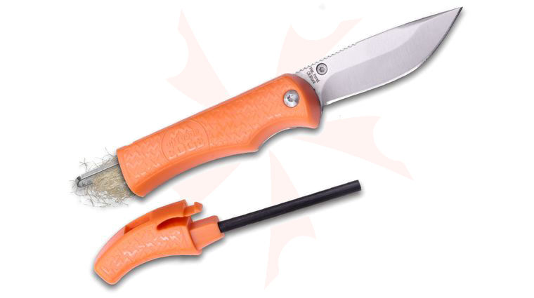 Outdoor Edge Ignitro Firestarter Folding Knife 2.3 inch 7Cr17MoV Drop Point, Orange ABS and Stainless Steel Handles w/ Tinder Storage