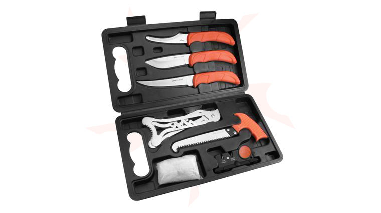 Outdoor Edge JaegerPak 8-Piece Game Processing Set with Hard Case, Blaze TPR Handles