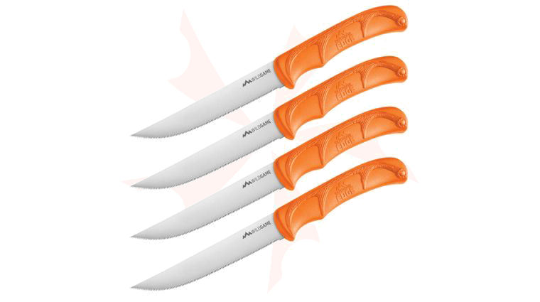 Outdoor Edge Wildgame 4pc Steak Knife Set 5 inch 420J2 Satin Serrated Blades, Blaze Orange TPR Handles