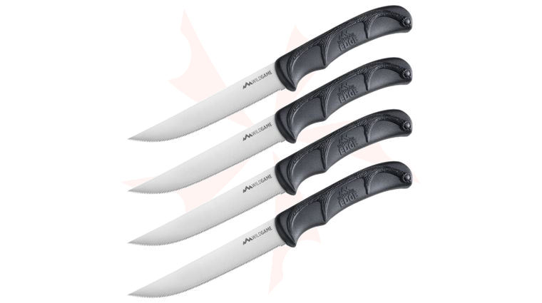 Outdoor Edge Wildgame 4pc Steak Knife Set 5 inch 420J2 Satin Serrated Blades, Black TPR Handles