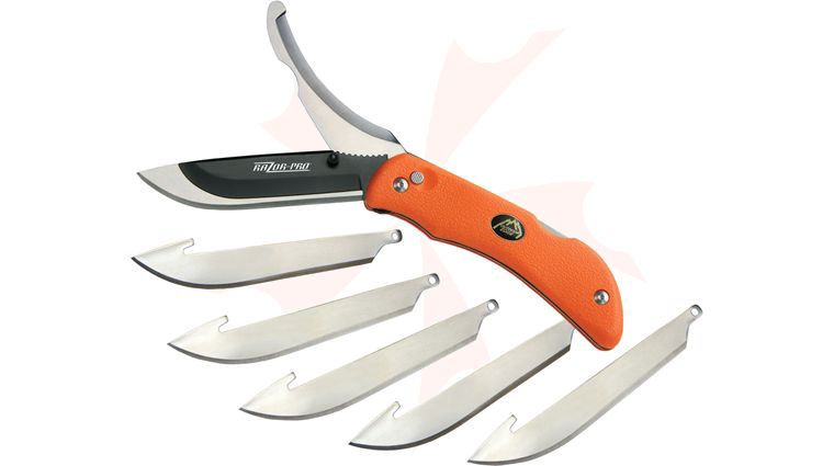 Outdoor Edge Razor-Pro Folding Hunter 3.5 inch Replaceable Blade with Gutting Blade, Orange TPR Handles, Mossy Oak Nylon Sheath