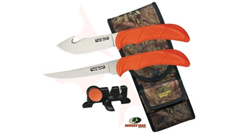 Outdoor Edge Wild-Bone Guthook Skinner/Boning Knife Combo Set, Mossy Oak Nylon Sheath and Sharpener
