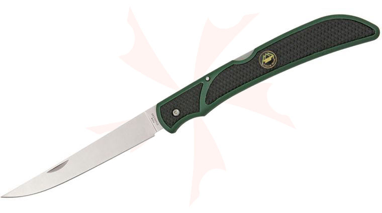 Outdoor Edge Fish & Bone Folding Fillet and Boning Knife 5 inch Satin Blade, Green Zytel Handles with Black TPR Inserts, Black Nylon Sheath