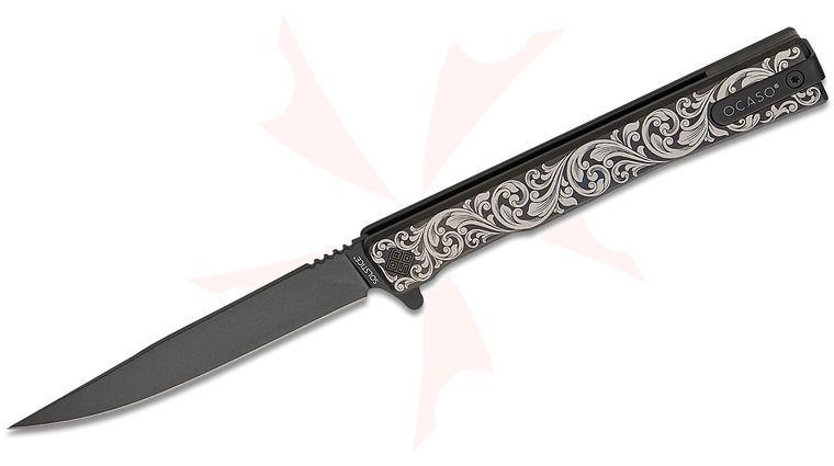 Ocaso Knives Demko 10ESB Solstice Executive Liner Lock Flipper Knife 3.5 inch S35VN Black Drop Point Blade,  inchScroll inch Engraved Black Titanium Handles