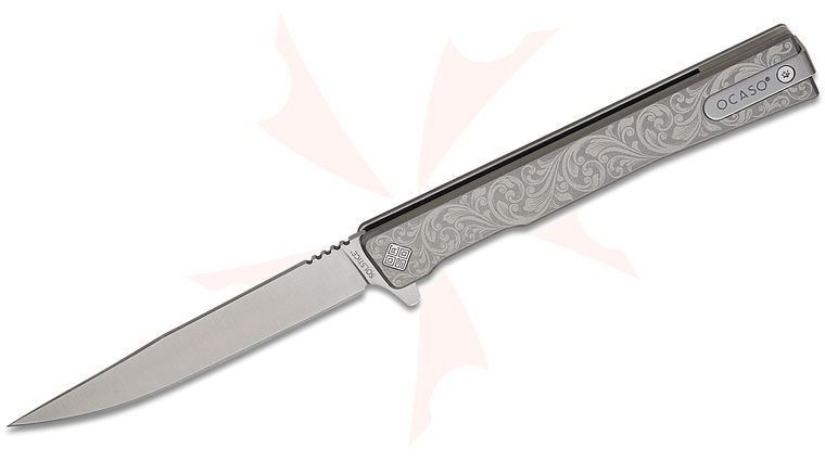 Ocaso Knives Demko 10ESS Solstice Executive Liner Lock Flipper Knife 3.5 inch S35VN Satin Drop Point Blade,  inchScroll inch Engraved Gray Titanium Handles