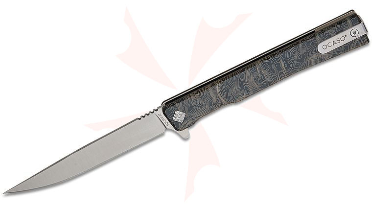 Ocaso Knives Demko 10ETB Solstice Executive Liner Lock Flipper Knife 3.5 inch S35VN Satin Drop Point Blade, Topographic Engraved Black Titanium Handles