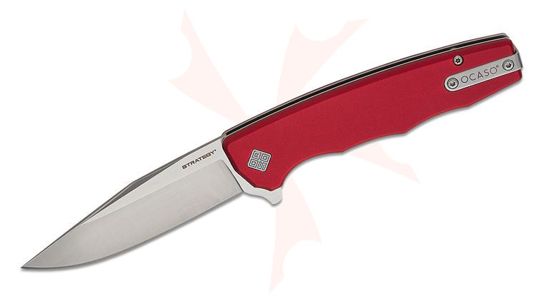 Ocaso Knives 29RDS The Strategy Liner Lock Flipper Knife 3.5 inch K110 Satin Clip Point Blade, Red Aluminum Handles