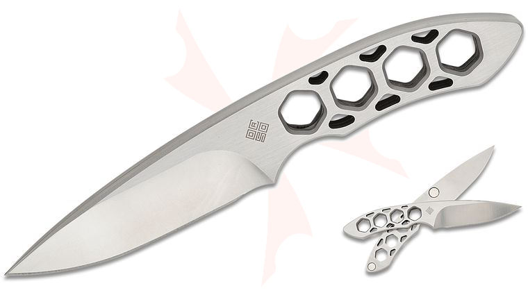 Ocaso Knives Crawford 80DKS Duo Desk Knife Fixed Blade Set 2.75 inch Satin Spear Point Blades, Skeletonized Steel Handles, Magnet-Lock, Walnut Display Stand