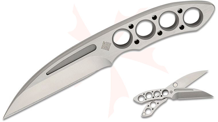 Ocaso Knives Crawford 80DKW Duo Desk Knife Fixed Blade Set 2.75 inch Satin Wharncliffe Blades, Skeletonized Steel Handles, Magnet-Lock, Walnut Display Stand