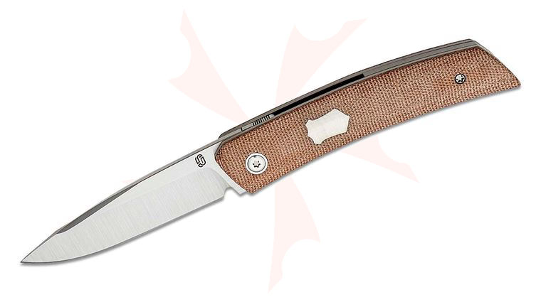 Jared Oeser F22 KickStop Flipper Knife 3.375 inch M390 Machine Satin Blade, Brown Micarta Handles, Option 1 Satin Accents