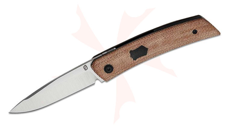 Jared Oeser F22 KickStop Flipper Knife 3.375 inch M390 Machine Satin Blade, Brown Micarta Handles, Option 2 Black PVD Accents