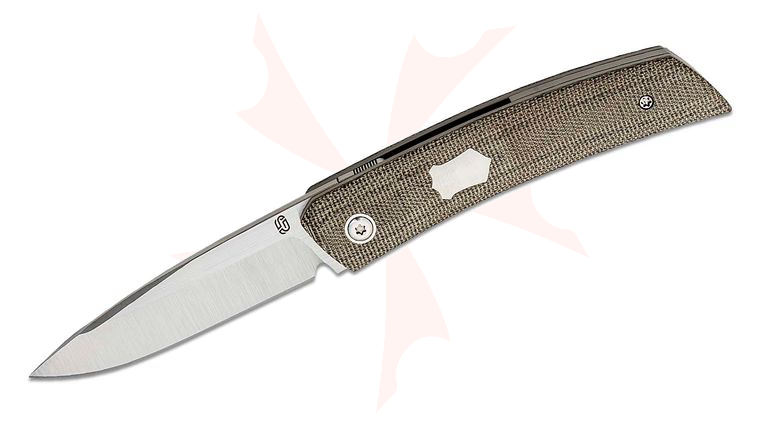 Jared Oeser F22 KickStop Flipper Knife 3.375 inch M390 Machine Satin Blade, Green Micarta Handles, Option 1 Satin Accents