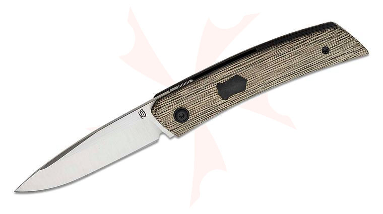 Jared Oeser F22 KickStop Flipper Knife 3.375 inch M390 Machine Satin Blade, Green Micarta Handles, Option 2 Black PVD Accents