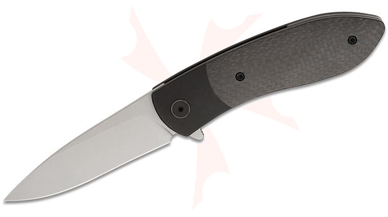Ohlone Knives Butron Bolster Lock Flipper Knife 3.25 inch CPM-20CV Blasted Tumbled Drop Point Blade, Bolstered Black DLC Titanium Handles with Carbon Fiber Scales