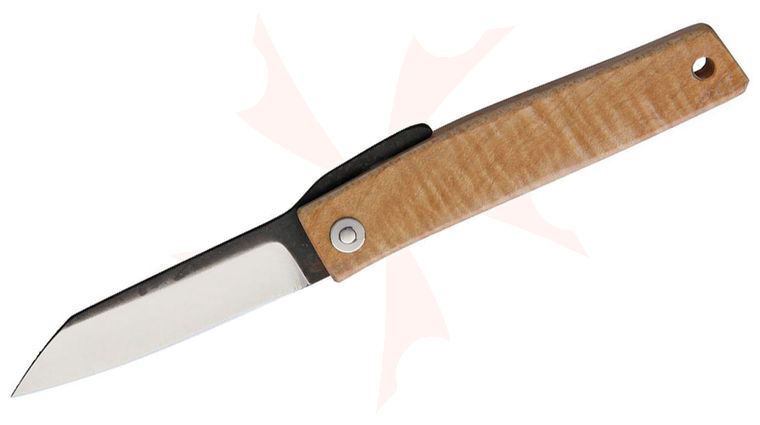 Hiroaki Ohta FK7 Friction Folding Knife 2.63 inch D2 Reverse Tanto Blade, Maple Wood Handle, Black Leather Pouch