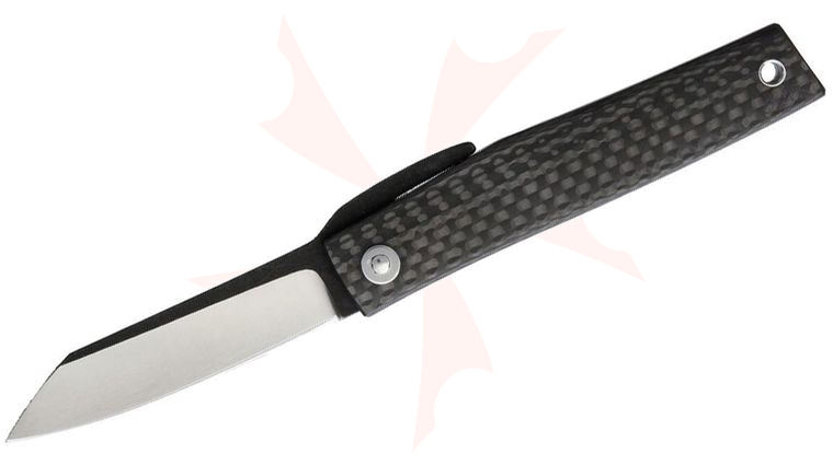 Hiroaki Ohta FK7 Friction Folding Knife 2.63 inch D2 Reverse Tanto Blade, Carbon Fiber Handle, Black Leather Pouch