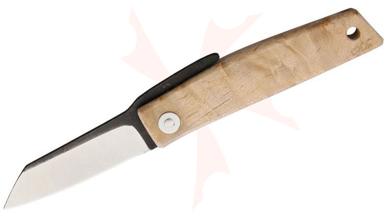 Hiroaki Ohta FK5 Friction Folding Knife 2 inch D2 Drop Point Blade, Maple Wood Handle, Black Leather Pouch