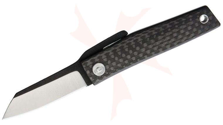 Hiroaki Ohta FK5 Friction Folding Knife 2 inch D2 Drop Point Blade, Carbon Fiber Handle, Black Leather Pouch