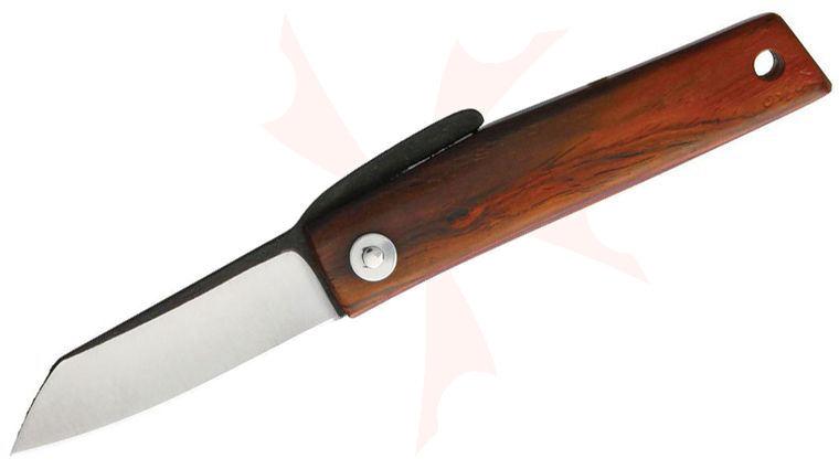 Hiroaki Ohta FK5 Friction Folding Knife 2 inch D2 Drop Point Blade, Cocobolo Wood Handle, Black Leather Pouch