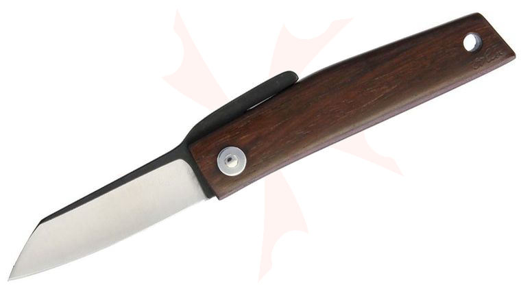 Hiroaki Ohta FK5 Friction Folding Knife 2 inch D2 Drop Point Blade, Rose Wood Handle, Black Leather Pouch