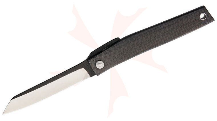 Hiroaki Ohta FK9 Friction Folding Knife 3.5 inch D2 Reverse Tanto Blade, Carbon Fiber Handle, Black Leather Sheath