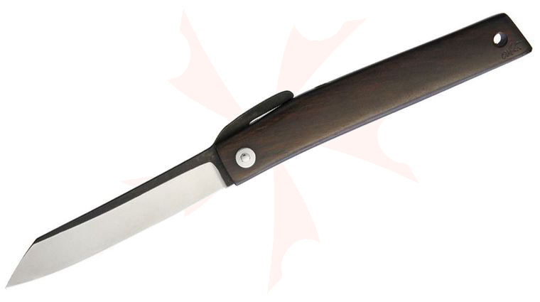 Hiroaki Ohta FK9 Friction Folding Knife 3.5 inch D2 Reverse Tanto Blade, Ebony Wood Handle, Black Leather Sheath