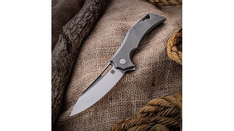 Olamic Cutlery Mid-Tech Swish Flipper 3.75 inch Satin Elmax Blade, Bead Blasted Titanium Handles
