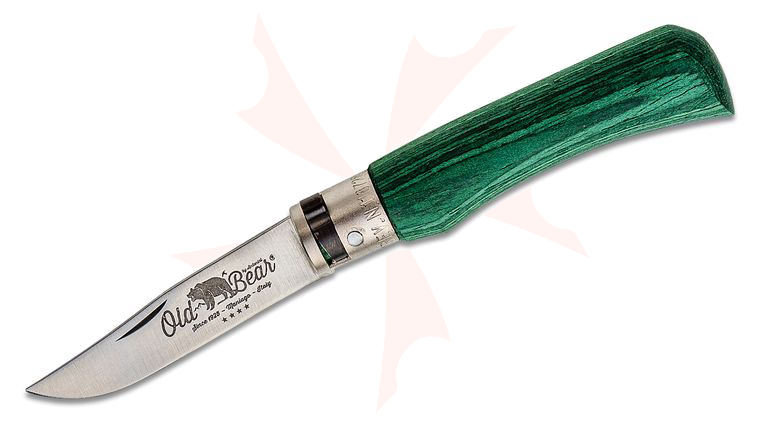 Old Bear Classical Small 9307/17_MVK Folding Knife 2.75 inch Stainless Steel Satin Blade, Green Laminated Wood Handle
