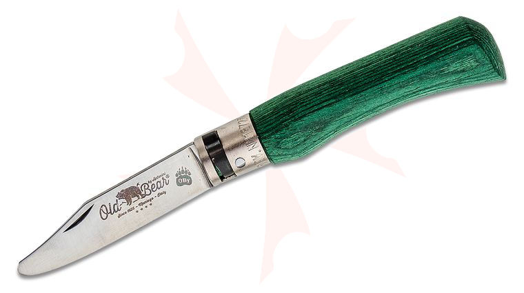Old Bear Young Small 9357/17_MVK Folding Knife 2.75 inch Stainless Steel Satin Rounded Tip Blade, Green Laminated Wood Handle