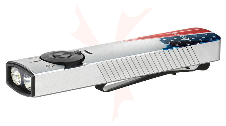 Olight Arkfeld Pro Rechargeable Cool White LED Flat Flashlight, Stars & Stripes Edition, 1300 Max Lumens