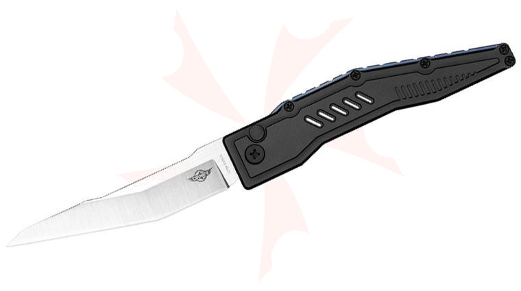 Olight Oknife Mettle 3 Button Lock Folding Knife 3.91 inch CPM-S35VN Satin Wharncliffe Blade, Black Aluminum Handles