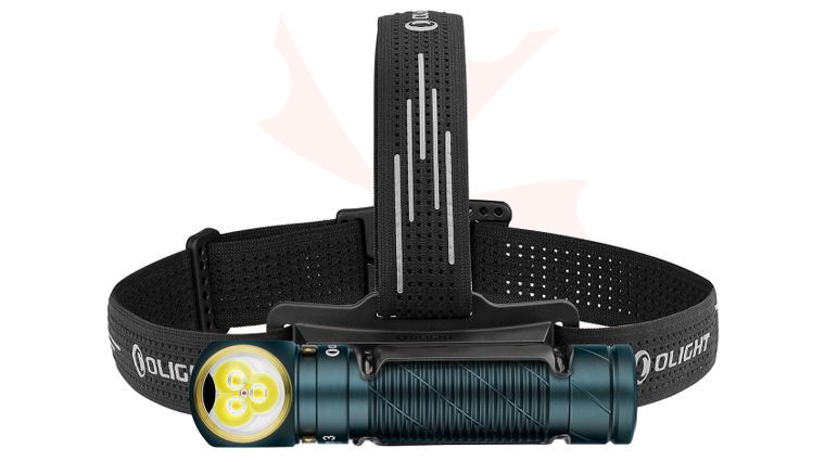 Olight Perun 3 Dream Blue Right-Angle Rechargeable LED Flashlight with Headlamp Headband Included, 3000 Max Lumens, White & Red Light