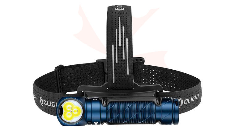 Olight Perun 3 Midnight Blue Right-Angle Rechargeable LED Flashlight with Headlamp Headband Included, 3000 Max Lumens, White & Red Light