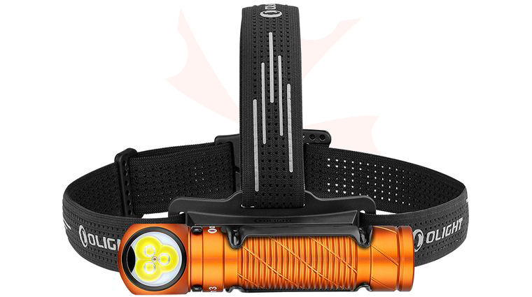 Olight Perun 3 Orange Right-Angle Rechargeable LED Flashlight with Headlamp Headband Included, 3000 Max Lumens, White & Red Light