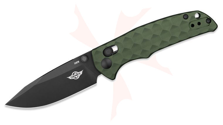 Oknife Rubato 3 Rail Lock Folding Knife 2.96 inch 154CM Black Drop Point Blade, Textured OD Green Aluminum Handles
