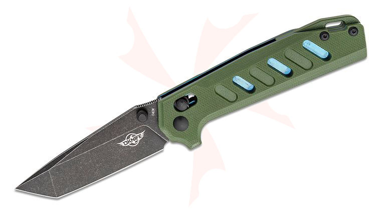 Oknife Rubato Rail Lock Folding Knife 3.43 inch 154CM Black Tanto Blade, OD Green G10 Handles