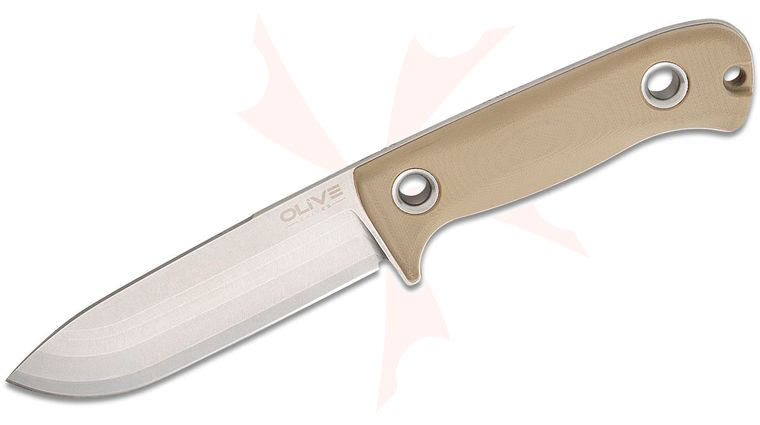 Olive Knife Arbor Fixed Blade Knife 4.54 inch Bohler Elmax Stonewashed Drop Point Blade, Contoured Tan G10 Handles with Rivets, Kydex Sheath