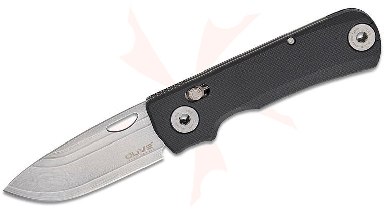 Olive Knife Lenta Compression Spring Bar Folding Knife 3.13 inch Bohler Elmax Stonewashed Drop Point Blade, Textured Black GFN Handles with Stainless Fasteners, Reversible Deep Carry Clip
