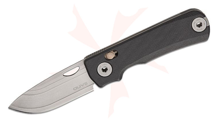 Olive Knife Lenta Compression Spring Bar Folding Knife 3.13 inch Bohler Elmax Stonewashed Drop Point Blade, Textured Black G10 Handles with Stainless Fasteners, Reversible Deep Carry Clip