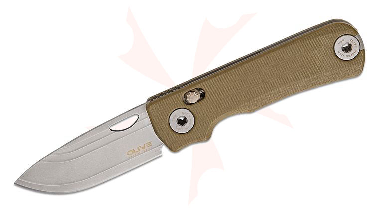 Olive Knife Lenta Compression Spring Bar Folding Knife 3.13 inch Bohler Elmax Stonewashed Drop Point Blade, Textured Green G10 Handles with Stainless Fasteners, Reversible Deep Carry Clip