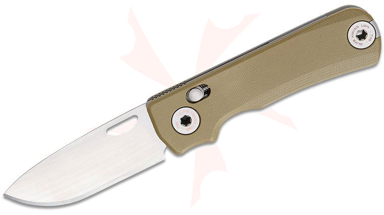 Olive Knife Lenta Compression Spring Bar Folding Knife 3.13 inch Tungsten Carbide Stonewashed Drop Point Blade, Textured Green G10 Handles with Stainless Fasteners, Reversible Deep Carry Clip