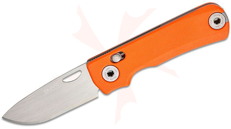 Olive Knife Lenta Compression Spring Bar Folding Knife 3.13 inch Tungsten Carbide Stonewashed Drop Point Blade, Textured High-Visibility Orange G10 Handles with Stainless Fasteners, Reversible Deep Carry Clip