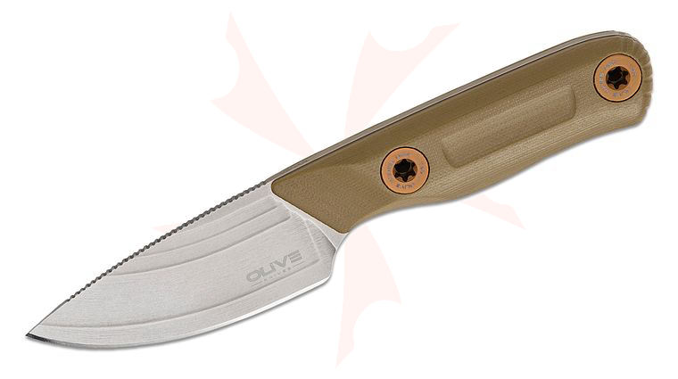Olive Knife Venari Pocket Fixed Blade Knife 2.89 inch Bohler Elmax Stonewashed Drop Point Blade, Contoured Green G10 Handles with Bronze Fasteners, Right-Hand Kydex Sheath